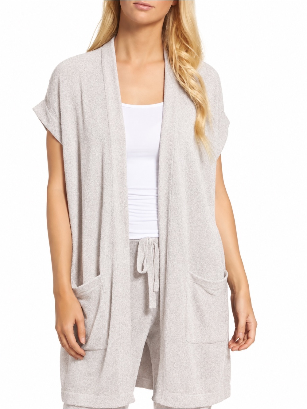 Barefoot Dreams Short Sleeve Open Front Lounge Robe Cardigan - Light Cream